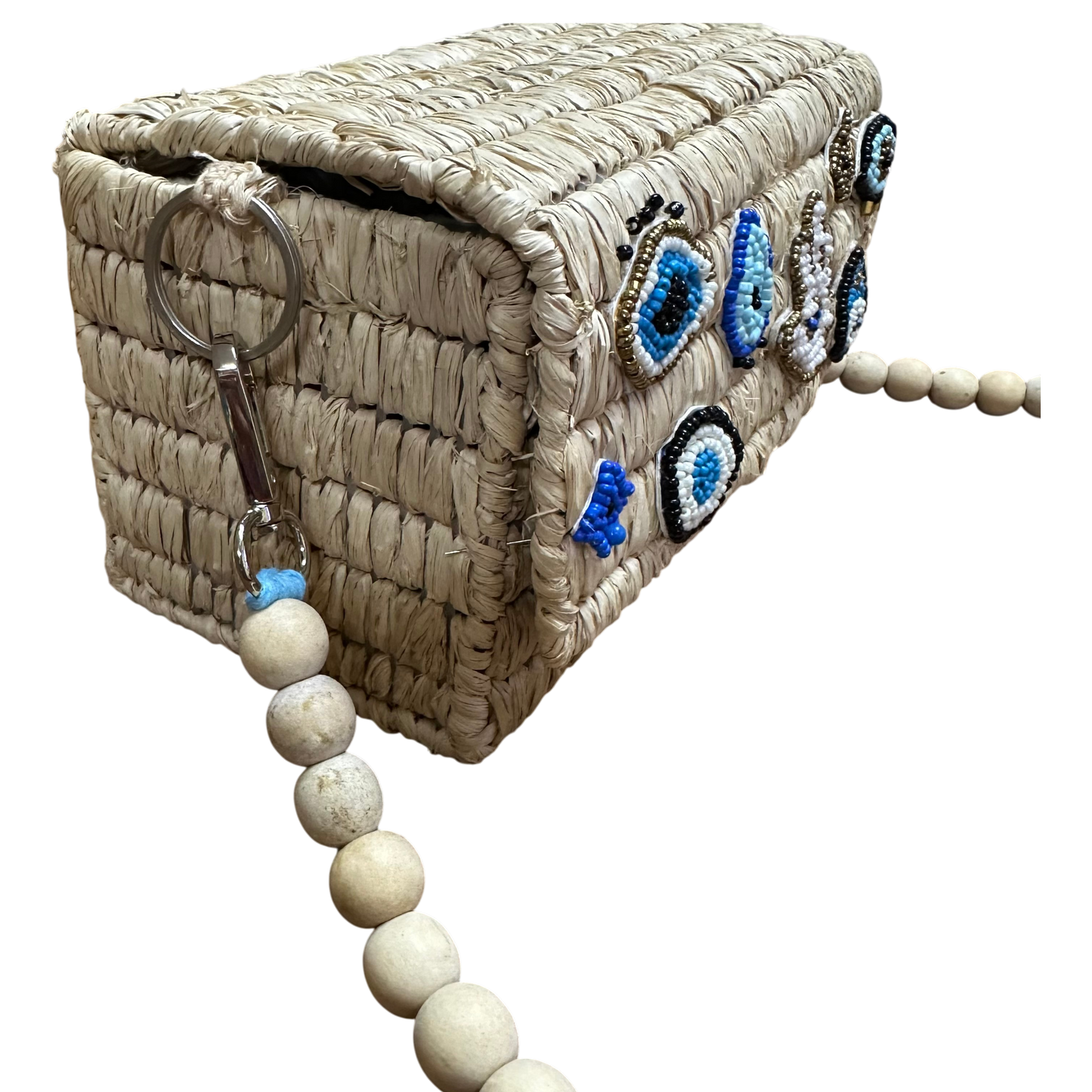 Evil Eye Raffia Box Bag (Natural Raffia)