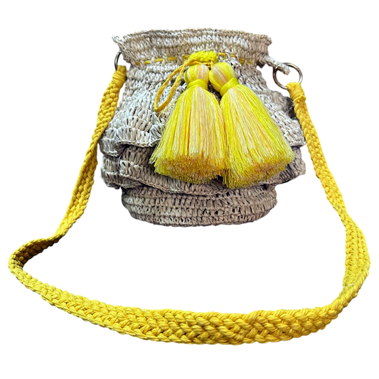Ditumabo Raffia Crochet Clam Bag – Handmade Drawstring Sling with Tassel Details