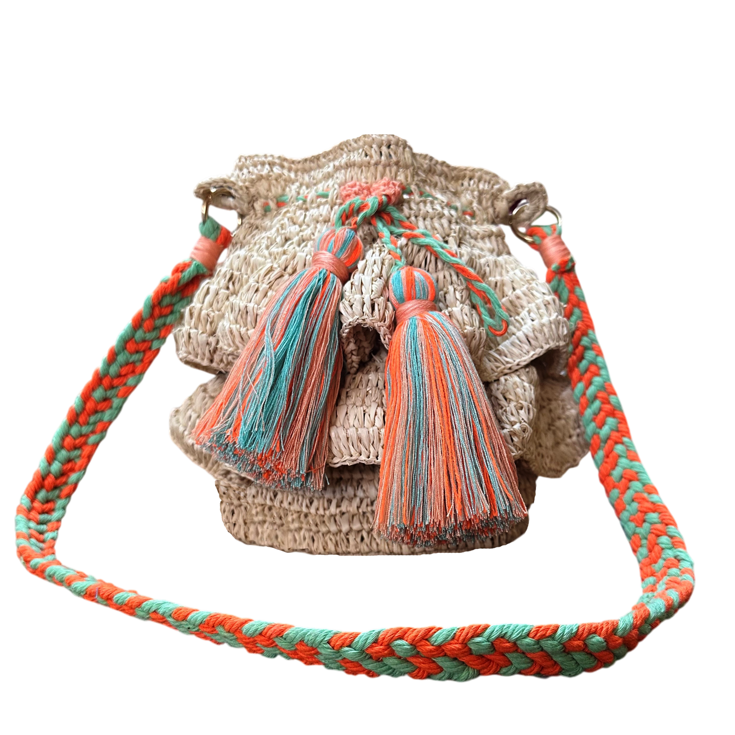 Ditumabo Raffia Crochet Clam Bag – Handmade Drawstring Sling with Tassel Details