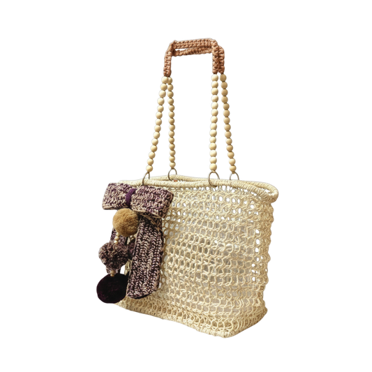 Merloquet Collapsible Abaca Tote Bag with Beaded Handle & Pom-Pom Bow Plum & Beige