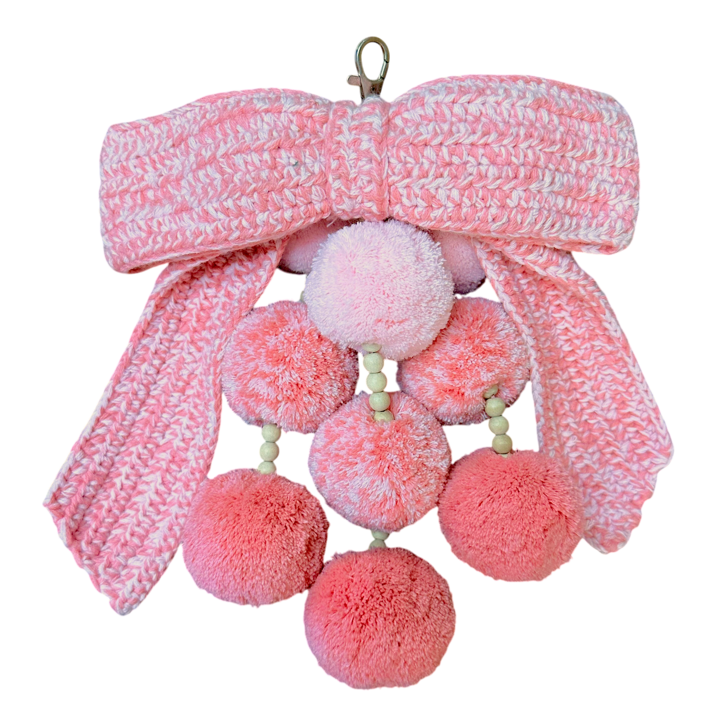 Waterfall Bag Charm Mixed Pink Crochet Bow with 9 Pom-Poms