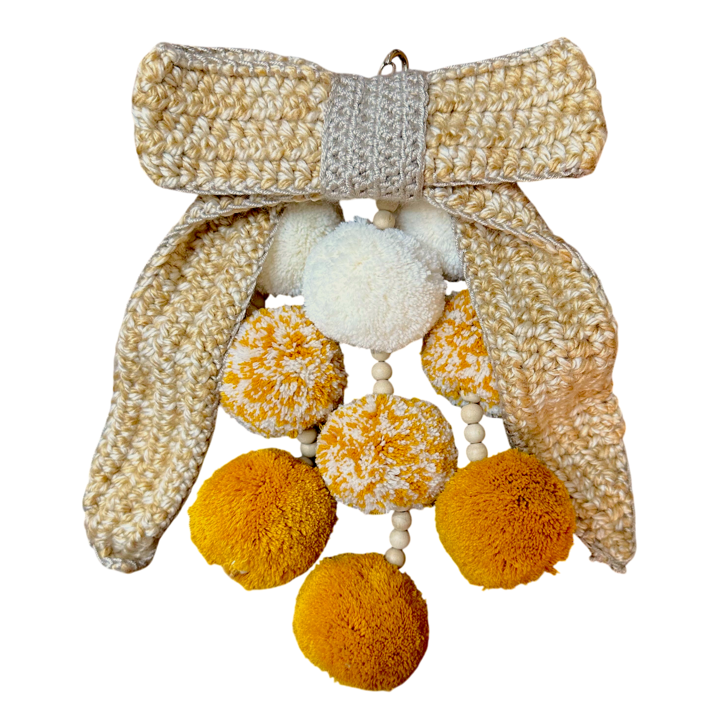 Waterfall Bag Charm Mustard & Gray Crochet Bow with 9 Pom-Poms