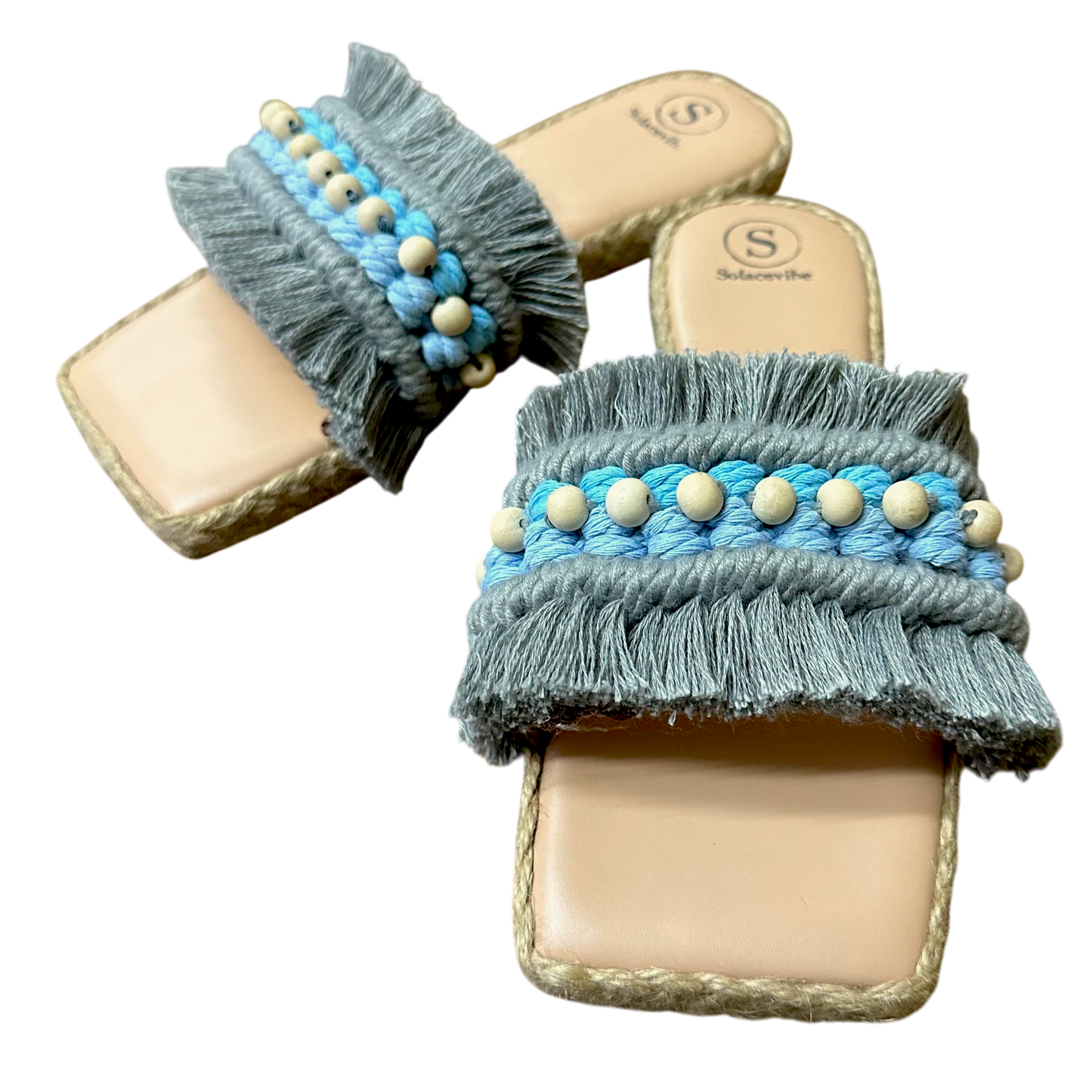 Nacpan Gray Slides – Vegan Leather Sandals with Blue Barrel Accent & Wood Beads