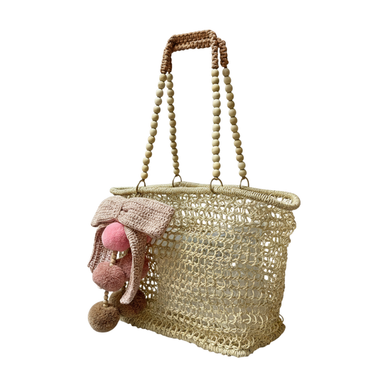 Merloquet Collapsible Abaca Tote Bag with Beaded Handle & Pom-Pom Bow Rose Nude w/ Pink