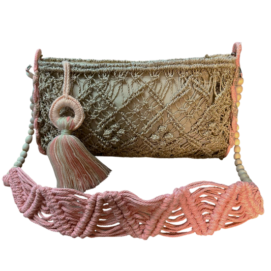 Abaca Mermaid Bag Peach– Handmade Macramé Sling Bag with Tassel & Wooden Beads