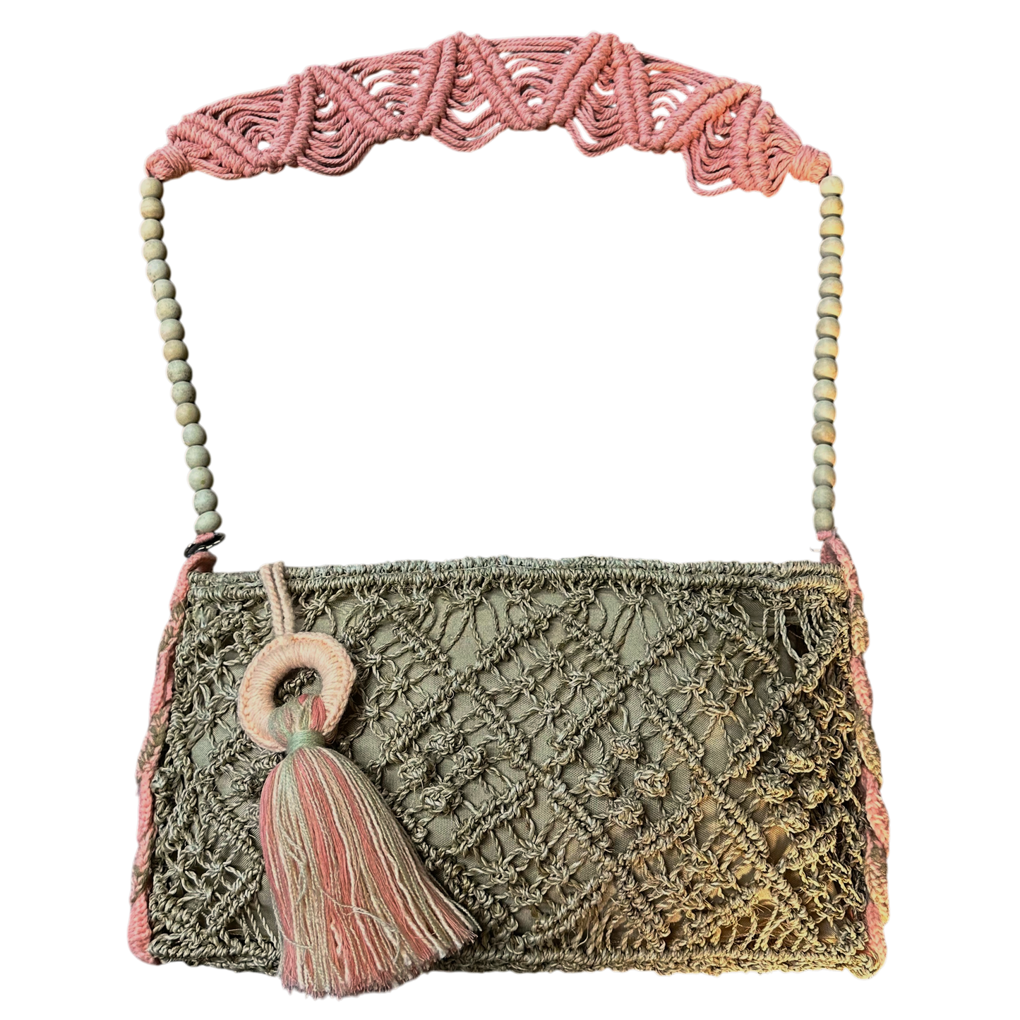 Abaca Mermaid Bag Peach– Handmade Macramé Sling Bag with Tassel & Wooden Beads