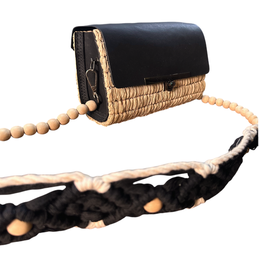 Black Macramé Beaded Strap Bag – Handmade Raffia Crossbody with Real Leather Flap
