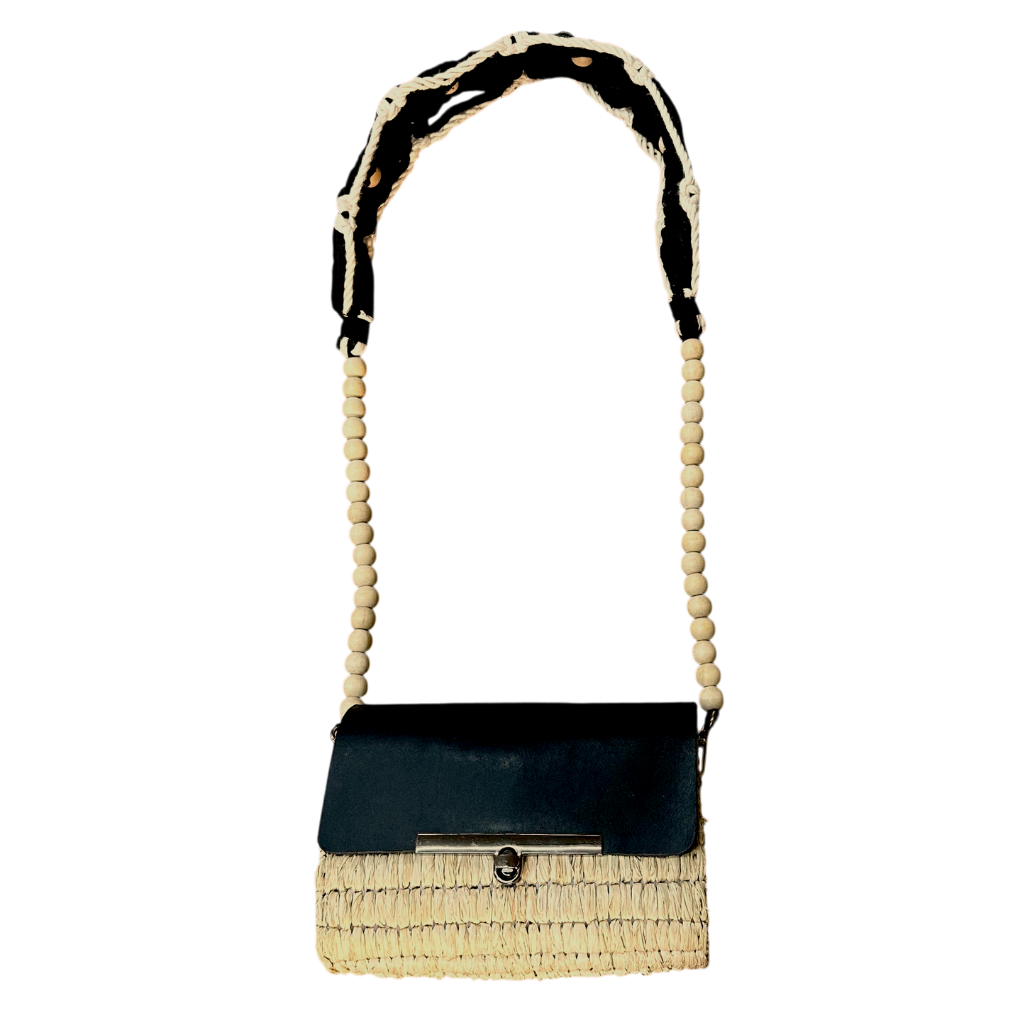 Black Macramé Beaded Strap Bag – Handmade Raffia Crossbody with Real Leather Flap