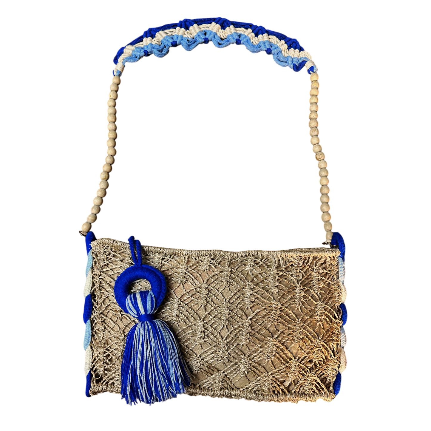 Abaca Mermaid Bag Blue – Handmade Macramé Sling Bag with Tassel & Wooden Beads