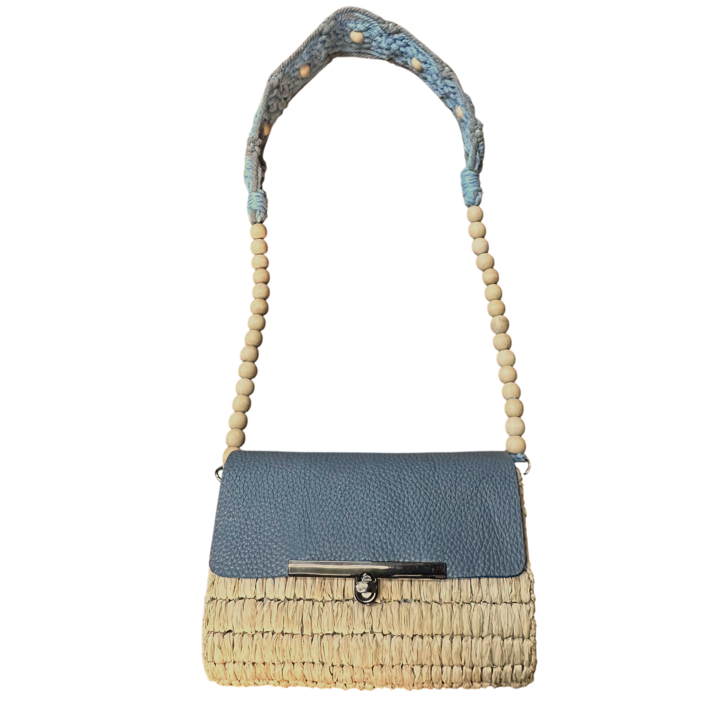Blue Macramé Beaded Strap Bag – Handmade Raffia Crossbody with Real Leather Flap
