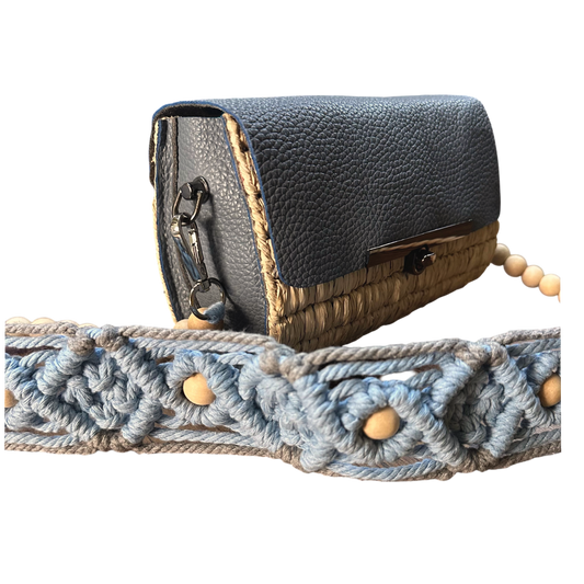 Blue Macramé Beaded Strap Bag – Handmade Raffia Crossbody with Real Leather Flap