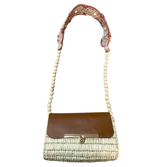 Brown Macramé Beaded Strap Bag – Handmade Raffia Crossbody with Real Leather Flap