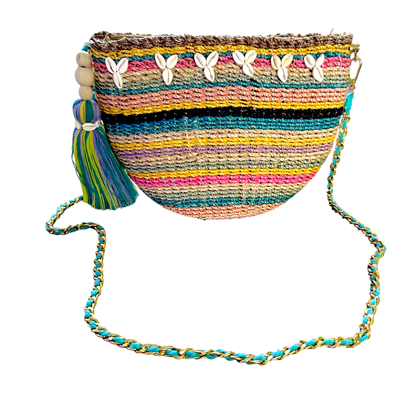 Colorful Abaca Half-Moon Bag – Handmade Woven Sling with Chain Strap & Tassel Charm