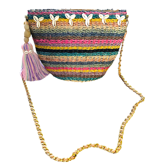 Colorful Abaca Half-Moon Bag – Handmade Woven Sling with Chain Strap & Tassel Charm