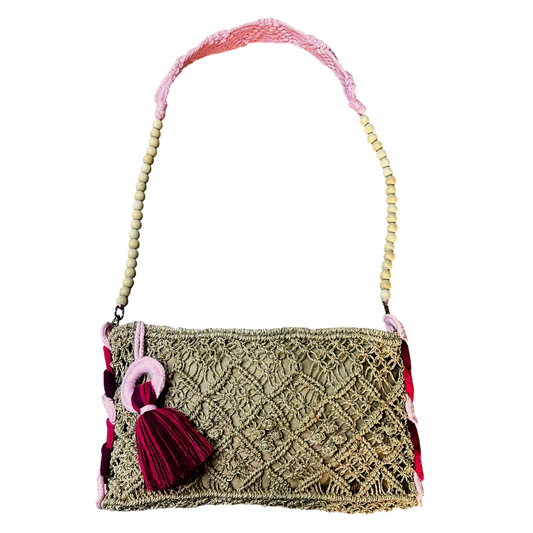 Abaca Mermaid Bag Pink – Handmade Macramé Sling Bag with Tassel & Wooden Beads