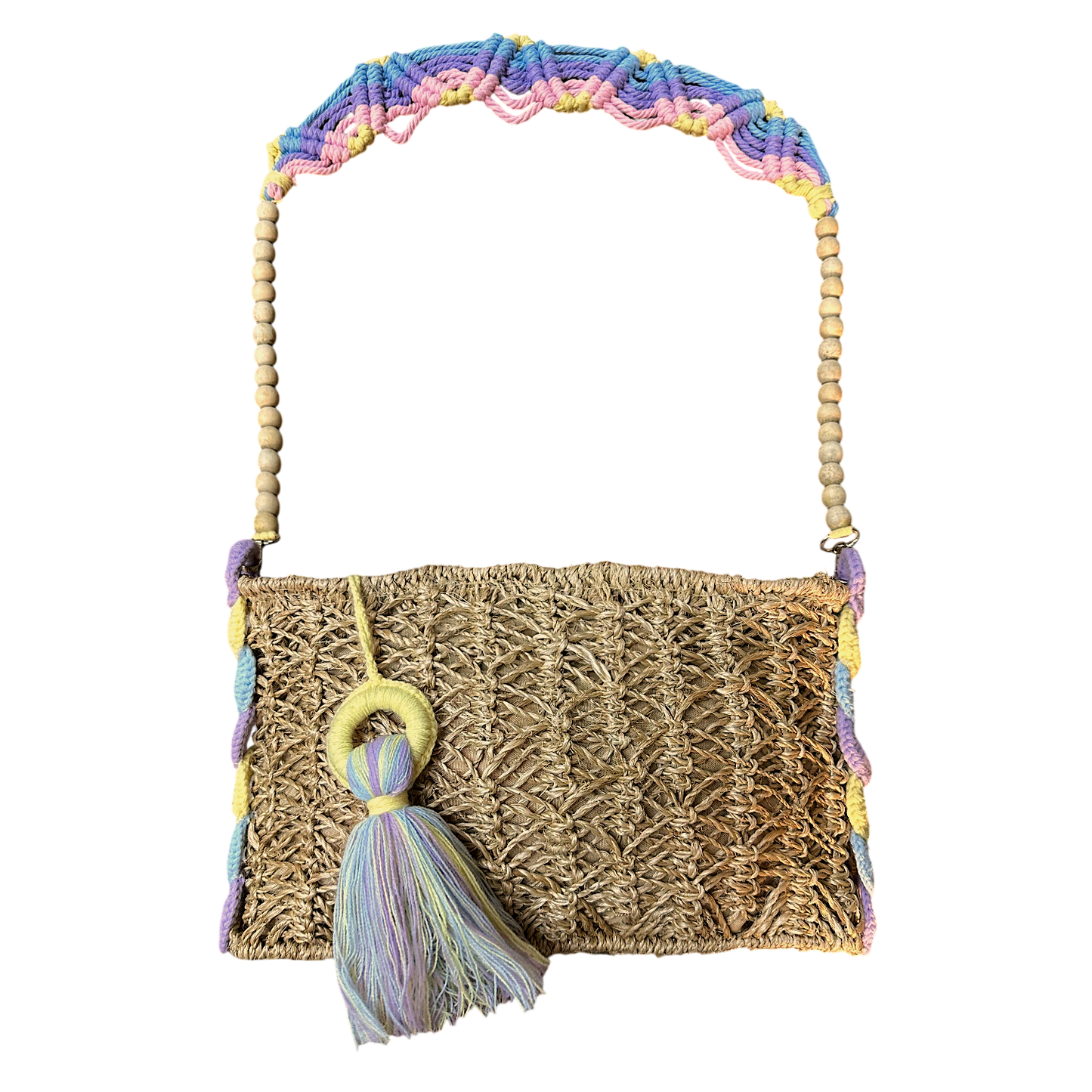Abaca Mermaid Bag Pastel Yellow – Handmade Macramé Sling Bag with Tassel & Wooden Beads