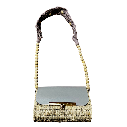 Mauve Macramé Beaded Strap Bag – Handmade Raffia Crossbody with Real Leather Flap