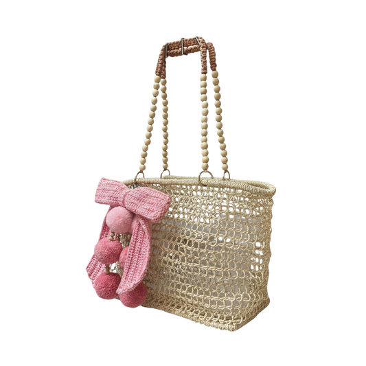Merloquet Collapsible Abaca Tote Bag with Beaded Handle & Pom-Pom Bow Mixed Pink