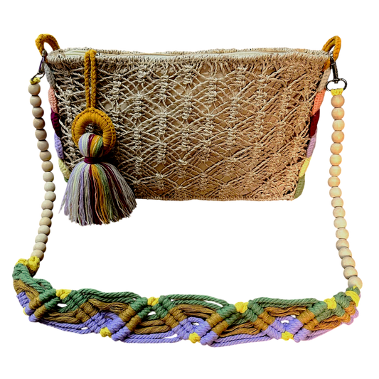 Abaca Mermaid Bag Mustard – Handmade Macramé Sling Bag with Tassel & Wooden Beads
