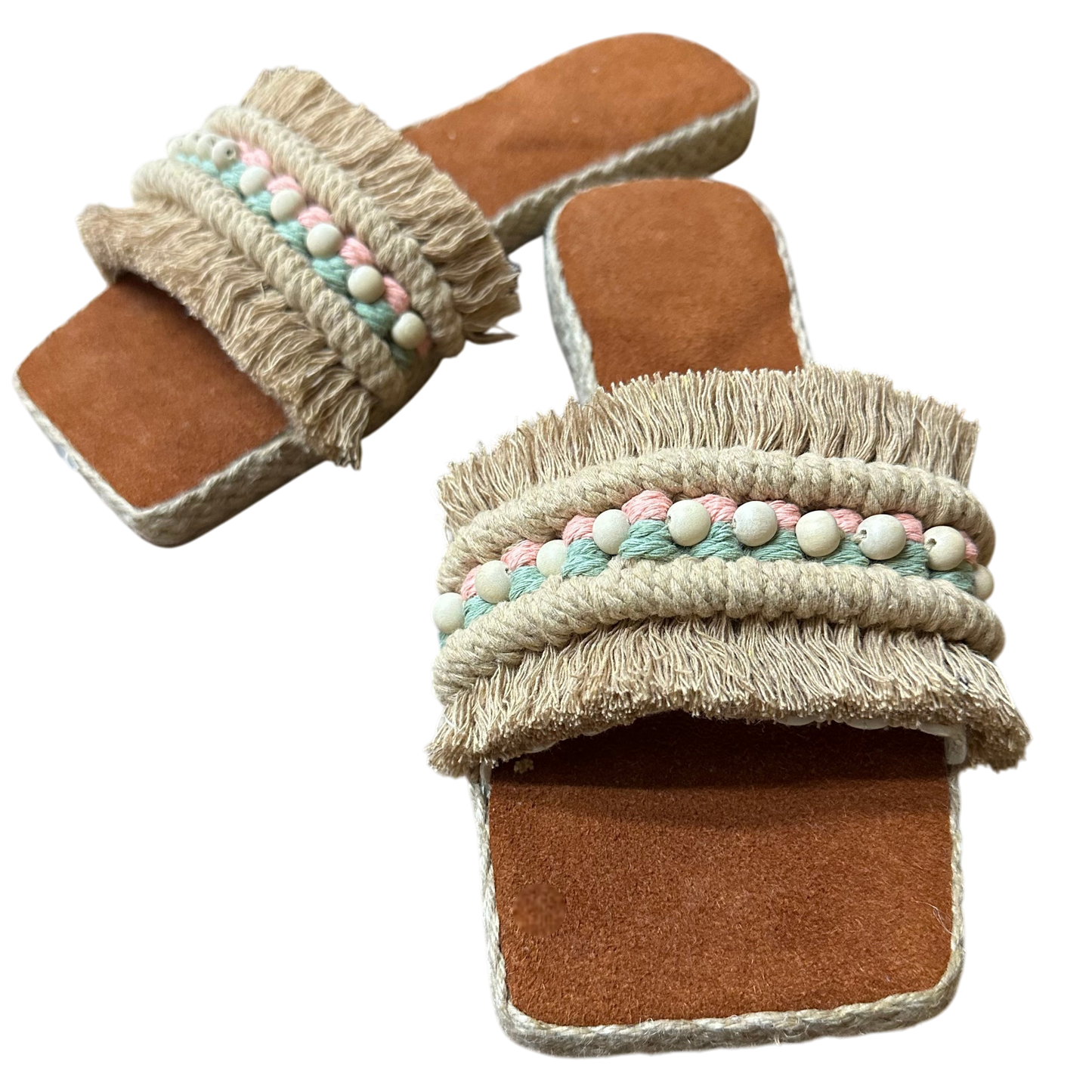 Nacpan Slides – Real Cowhide Leather with Pastel Barrel Accent & Natural Wood Beads