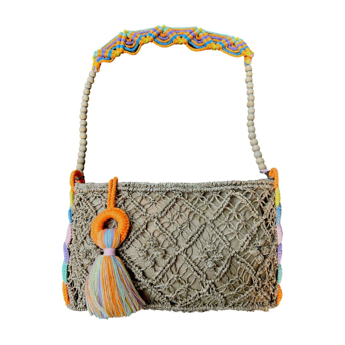 Abaca Mermaid Bag Colorful– Handmade Macramé Sling Bag with Tassel & Wooden Beads