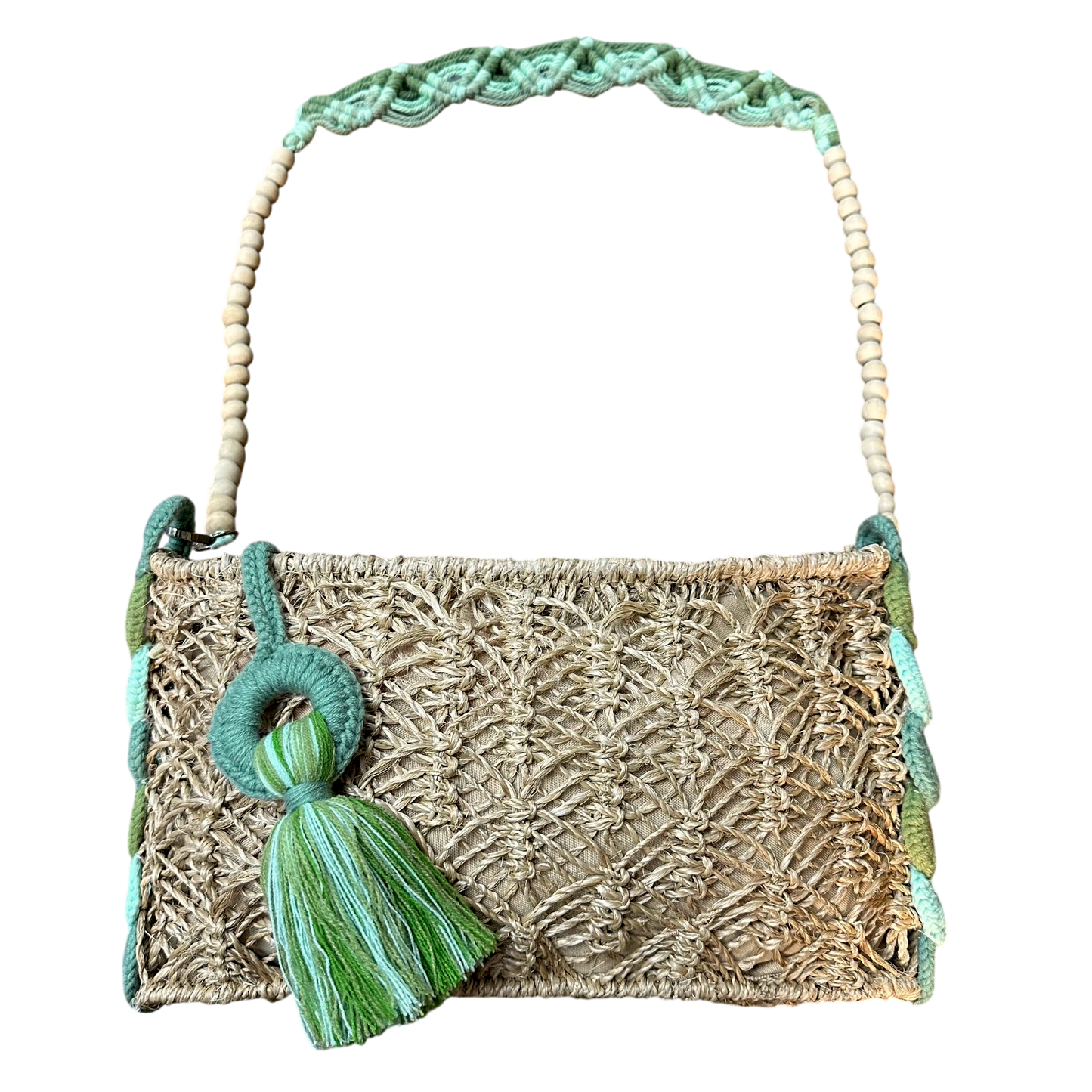 Abaca Mermaid Bag Sage– Handmade Macramé Sling Bag with Tassel & Wooden Beads