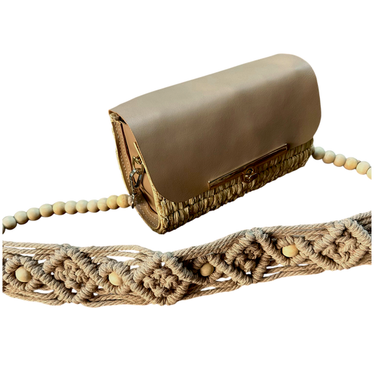 Skin Macramé Beaded Strap Bag – Handmade Raffia Crossbody with Real Leather Flap