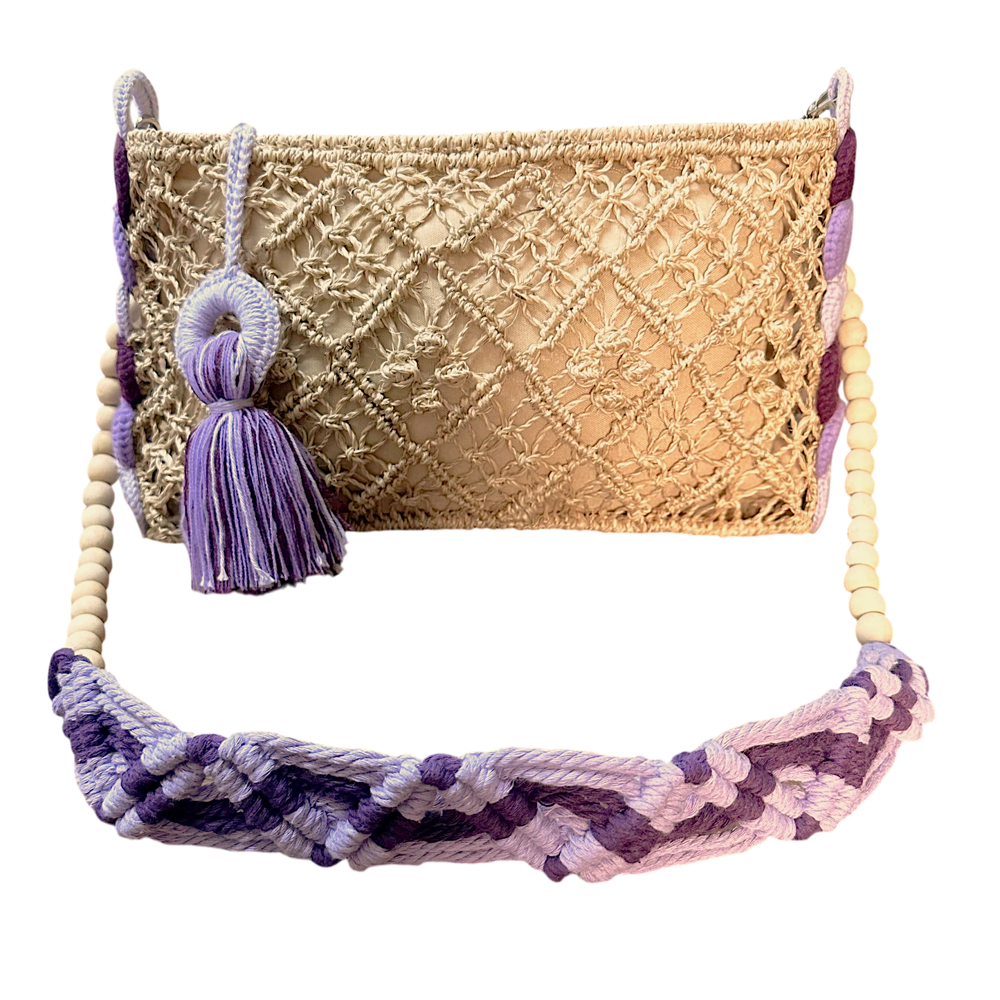 Abaca Mermaid Bag Violet – Handmade Macramé Sling Bag with Tassel & Wooden Beads