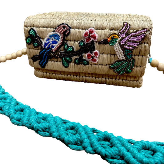 Bird Beads Box Bag (Natural Raffia)