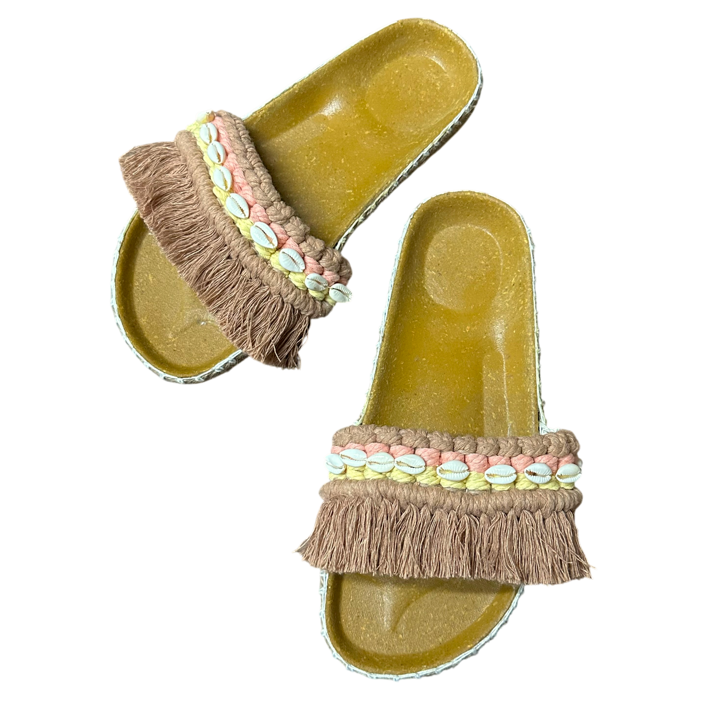 Bolinao Fringe Slides (3 Colors) – Handmade Shell Accent Sandals (Birken Insole)