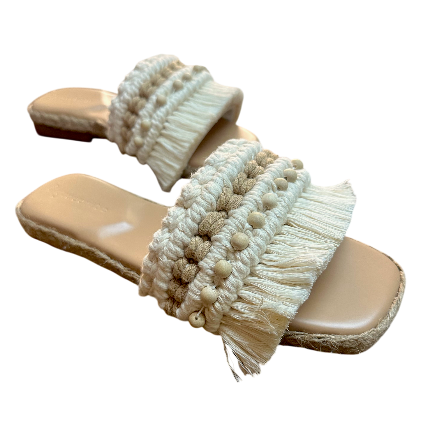 Camiguin Slides – Vegan Leather Cream with Nude Barrel Accent & Natural Wood Beads