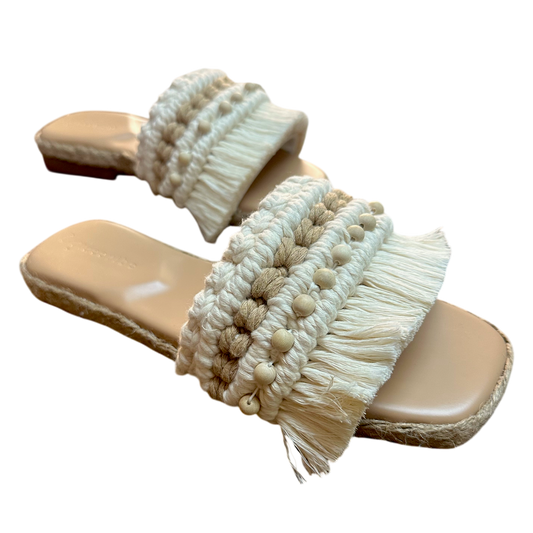 Camiguin Slides – Vegan Leather Cream with Nude Barrel Accent & Natural Wood Beads