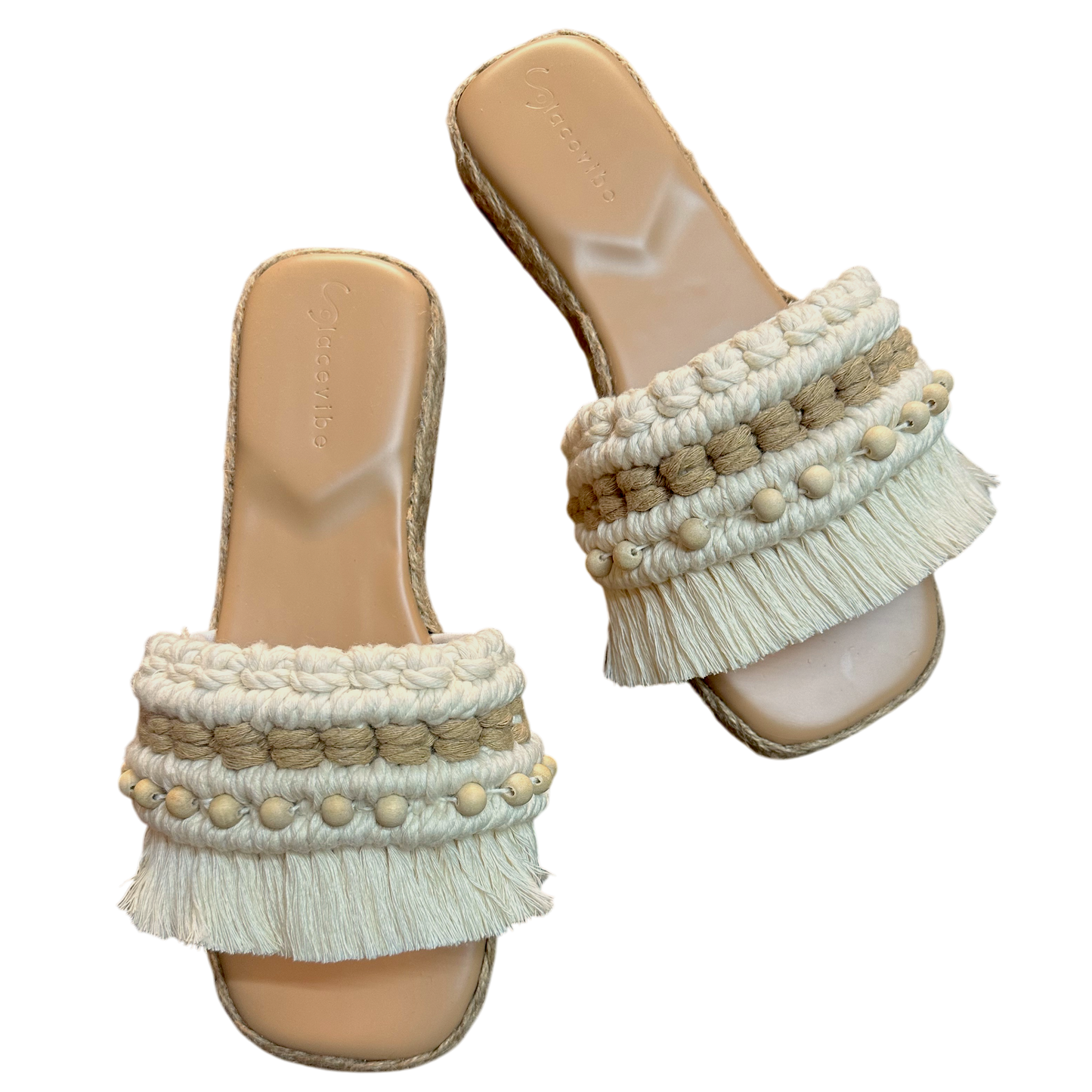Camiguin Slides – Vegan Leather Cream with Nude Barrel Accent & Natural Wood Beads
