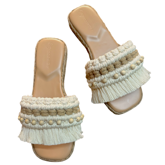 Camiguin Slides – Vegan Leather Cream with Nude Barrel Accent & Natural Wood Beads