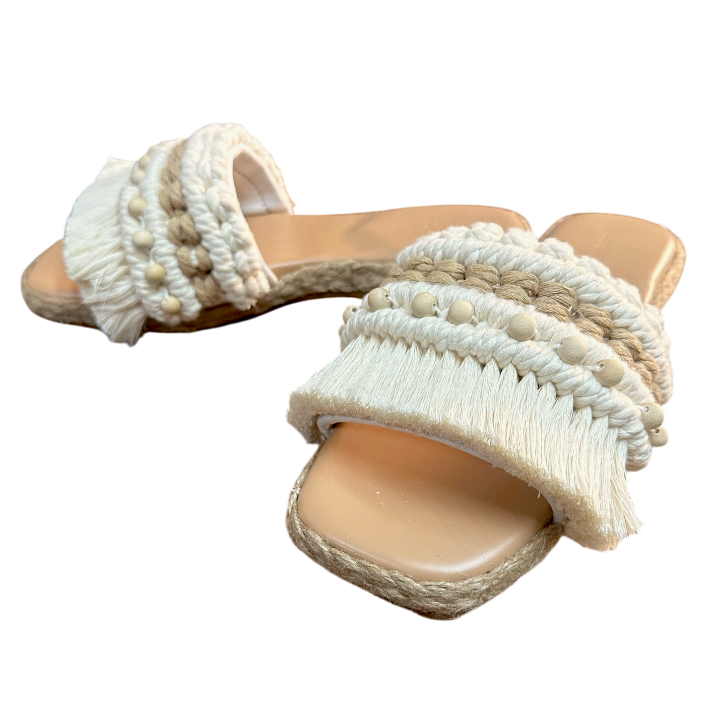 Camiguin Slides – Vegan Leather Cream with Nude Barrel Accent & Natural Wood Beads