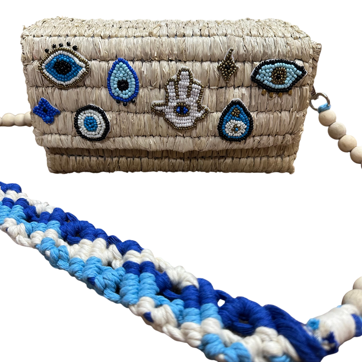 Evil Eye Raffia Box Bag (Natural Raffia)