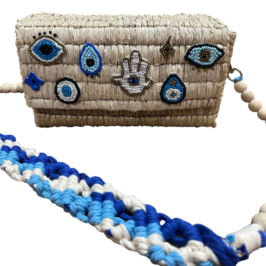 Evil Eye Raffia Box Bag (Natural Raffia)