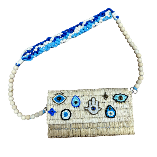 Evil Eye Raffia Box Bag (Natural Raffia)