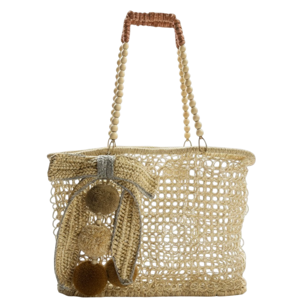 Merloquet Collapsible Abaca Tote Bag with Beaded Handle & Pom-Pom Bow Gray & Beige