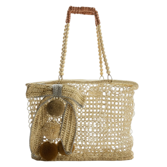 Merloquet Collapsible Abaca Tote Bag with Beaded Handle & Pom-Pom Bow Gray & Beige