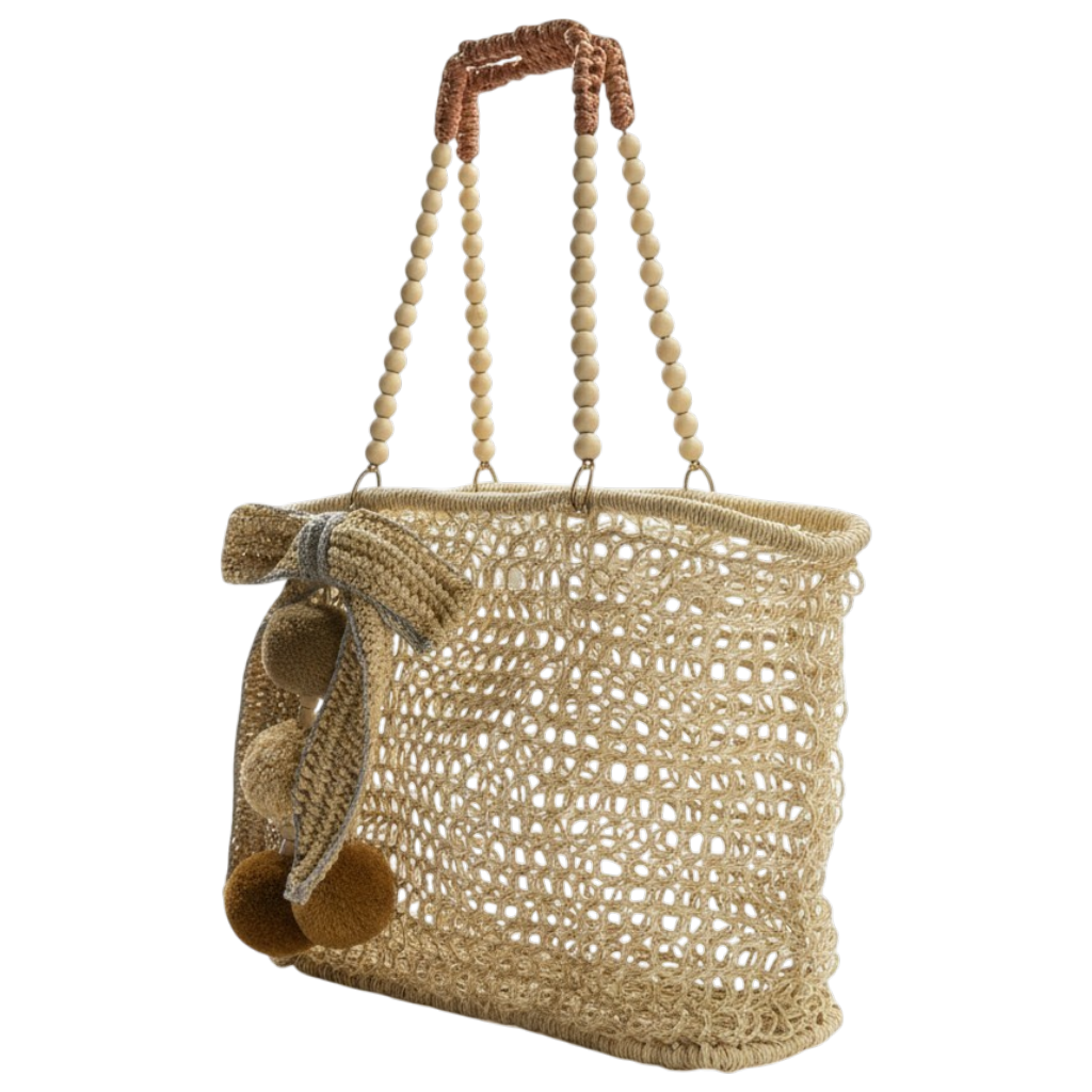 Merloquet Collapsible Abaca Tote Bag with Beaded Handle & Pom-Pom Bow Gray & Beige