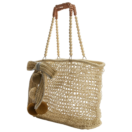 Merloquet Collapsible Abaca Tote Bag with Beaded Handle & Pom-Pom Bow Gray & Beige