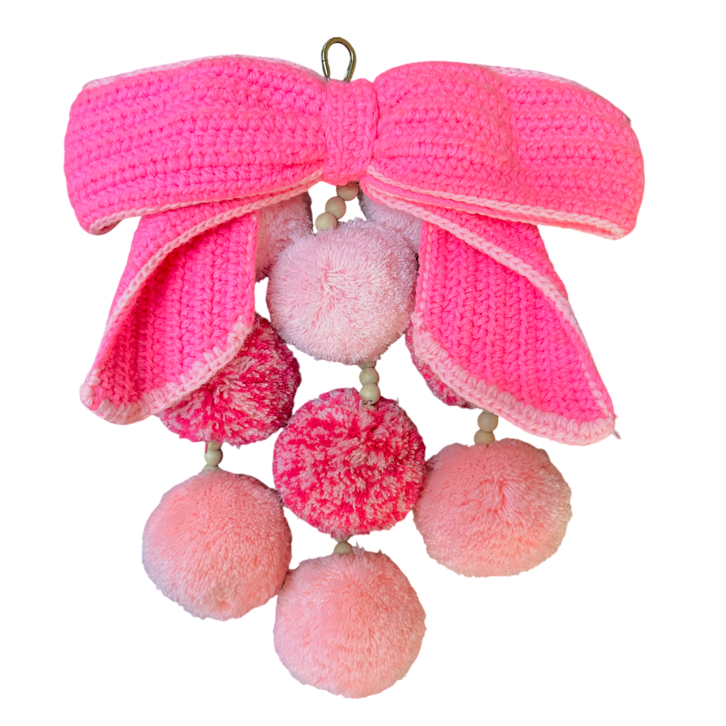 Waterfall Bag Charm Hot pink Crochet Bow with 9 Pom-Poms
