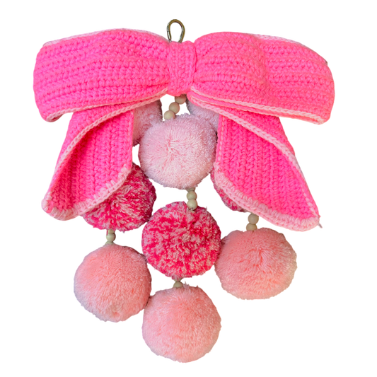 Waterfall Bag Charm Hot pink Crochet Bow with 9 Pom-Poms