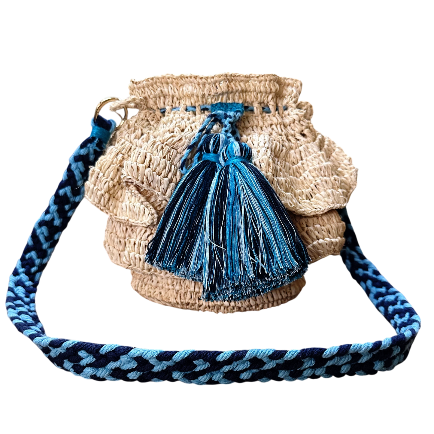 Ditumabo Raffia Crochet Clam Bag – Handmade Drawstring Sling with Tassel Details