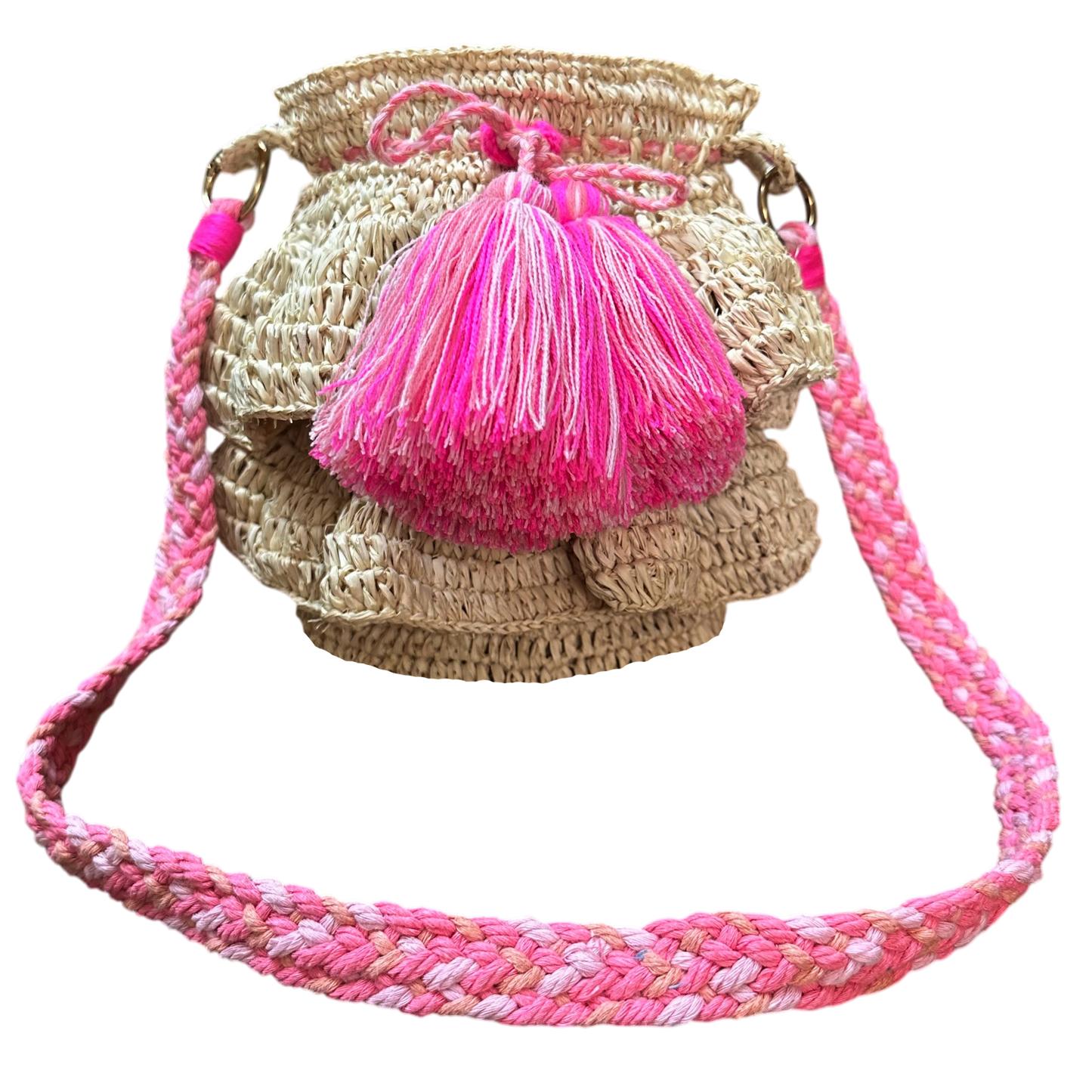 Ditumabo Raffia Crochet Clam Bag – Handmade Drawstring Sling with Tassel Details
