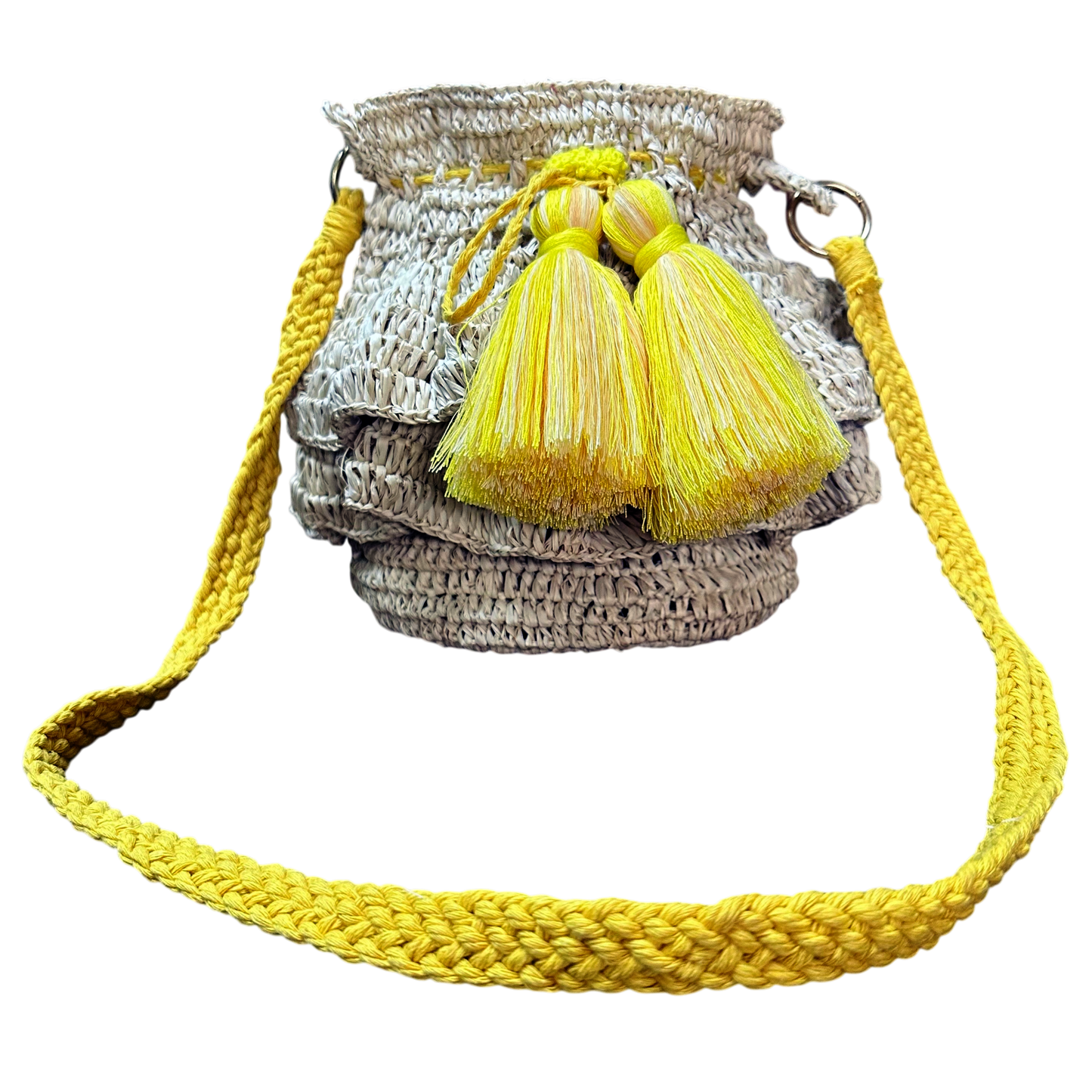 Ditumabo Raffia Crochet Clam Bag – Handmade Drawstring Sling with Tassel Details