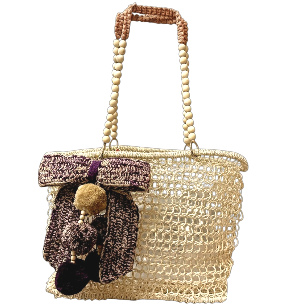 Merloquet Collapsible Abaca Tote Bag with Beaded Handle & Pom-Pom Bow Plum & Beige