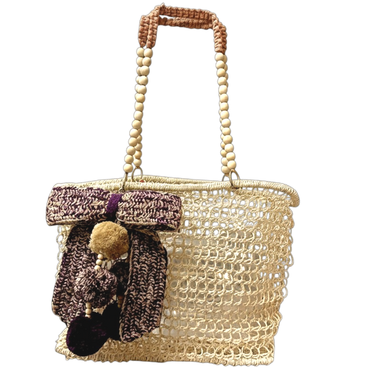 Merloquet Collapsible Abaca Tote Bag with Beaded Handle & Pom-Pom Bow Plum & Beige