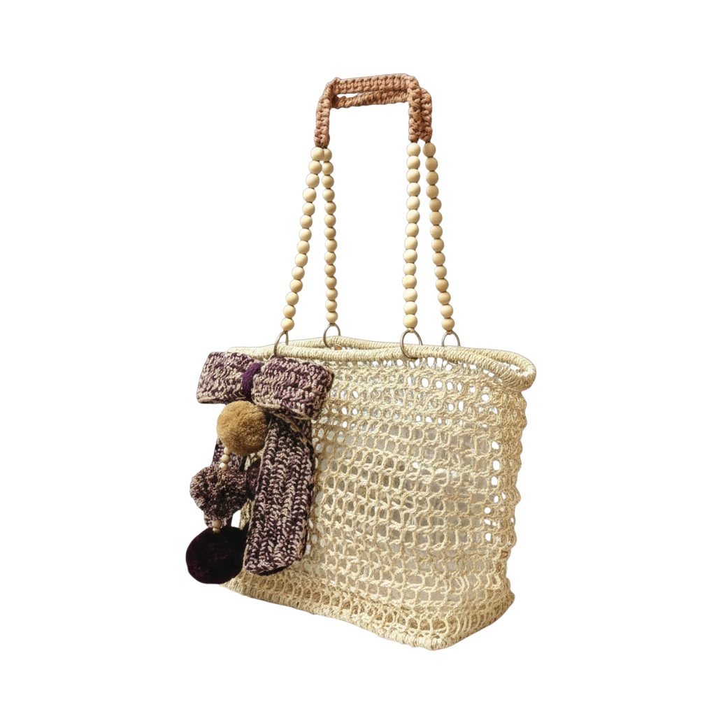 Merloquet Collapsible Abaca Tote Bag with Beaded Handle & Pom-Pom Bow Plum & Beige
